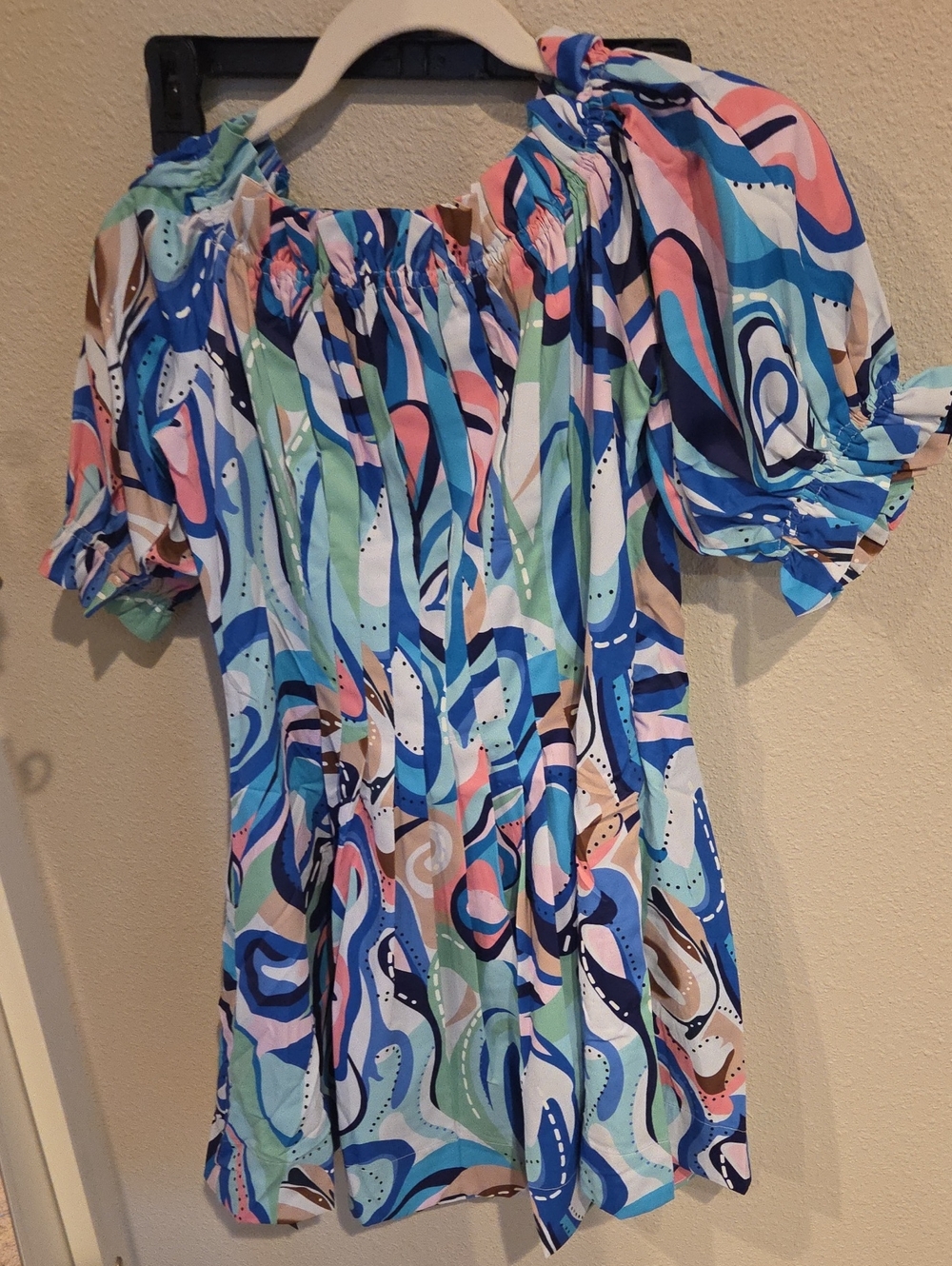 Beulah BlueMulticolor Abstract Off-Shoulder Dress With Pleated Waist